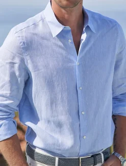 Clearance OUKU Men's Linen Shirt Summer Shirt Beach Wear Casual Shirt Button Up Shirt Plain Vacation Curise White Pink Blue Long Sleeve Lapel Spring & Summer Clothing Apparel Basic