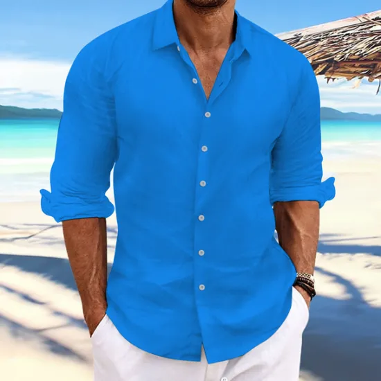 Online OUKU Men's Linen Shirt Summer Shirt Beach Wear Casual Shirt Button Up Shirt Plain Casual Daily Light Yellow White Pink Dark Navy Long Sleeve Spring & Summer Clothing Apparel