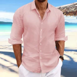 Online OUKU Men's Linen Shirt Summer Shirt Beach Wear Casual Shirt Button Up Shirt Plain Casual Daily Light Yellow White Pink Dark Navy Long Sleeve Spring & Summer Clothing Apparel