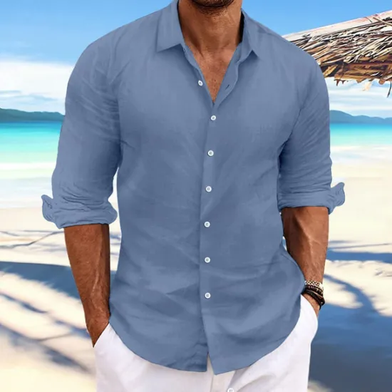Online OUKU Men's Linen Shirt Summer Shirt Beach Wear Casual Shirt Button Up Shirt Plain Casual Daily Light Yellow White Pink Dark Navy Long Sleeve Spring & Summer Clothing Apparel
