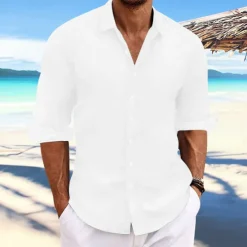 Online OUKU Men's Linen Shirt Summer Shirt Beach Wear Casual Shirt Button Up Shirt Plain Casual Daily Light Yellow White Pink Dark Navy Long Sleeve Spring & Summer Clothing Apparel