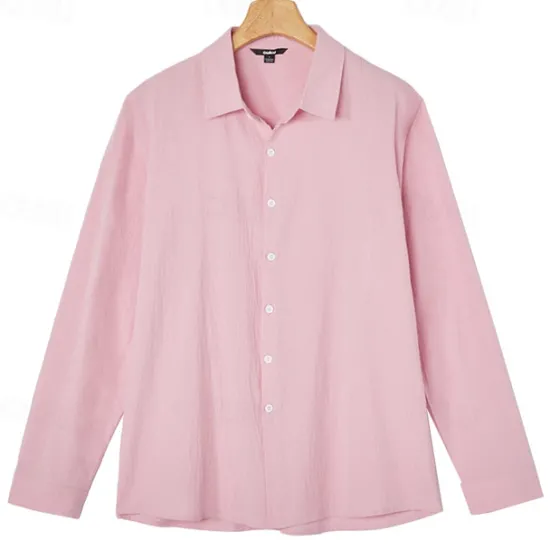 Online OUKU Men's Linen Shirt Summer Shirt Beach Wear Casual Shirt Button Up Shirt Plain Casual Daily Light Yellow White Pink Dark Navy Long Sleeve Spring & Summer Clothing Apparel