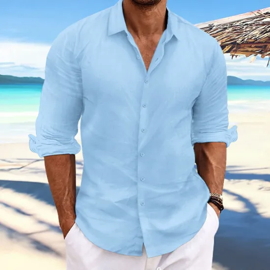 Online OUKU Men's Linen Shirt Summer Shirt Beach Wear Casual Shirt Button Up Shirt Plain Casual Daily Light Yellow White Pink Dark Navy Long Sleeve Spring & Summer Clothing Apparel