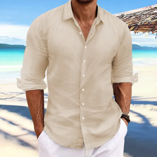 Online OUKU Men's Linen Shirt Summer Shirt Beach Wear Casual Shirt Button Up Shirt Plain Casual Daily Light Yellow White Pink Dark Navy Long Sleeve Spring & Summer Clothing Apparel