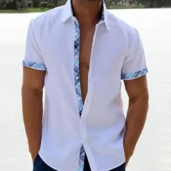 Sale OUKU Men's Linen Shirt Summer Shirt Beach Shirt Black White Pink Short Sleeve Plain Lapel Spring & Summer Hawaiian Holiday Clothing Apparel Pocket