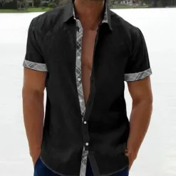 Sale OUKU Men's Linen Shirt Summer Shirt Beach Shirt Black White Pink Short Sleeve Plain Lapel Spring & Summer Hawaiian Holiday Clothing Apparel Pocket