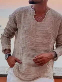 OUKU Men's Linen Shirt Summer Shirt Beach Wear Casual Shirt Plain Vacation Curise White Blue Brown Khaki Long Sleeve V Neck Spring & Summer Clothing Apparel