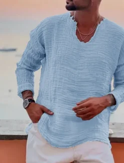 OUKU Men's Linen Shirt Summer Shirt Beach Wear Casual Shirt Plain Vacation Curise White Blue Brown Khaki Long Sleeve V Neck Spring & Summer Clothing Apparel
