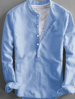 Clearance OUKU Men's Linen Shirt Summer Shirt Casual Shirt Henley Shirt Plain Casual Daily Black White Yellow Pink Long Sleeve Collar Spring & Summer Clothing Apparel