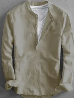 Clearance OUKU Men's Linen Shirt Summer Shirt Casual Shirt Henley Shirt Plain Casual Daily Black White Yellow Pink Long Sleeve Collar Spring & Summer Clothing Apparel