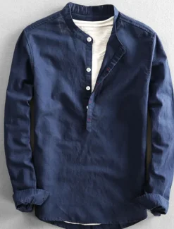 Clearance OUKU Men's Linen Shirt Summer Shirt Casual Shirt Henley Shirt Plain Casual Daily Black White Yellow Pink Long Sleeve Collar Spring & Summer Clothing Apparel