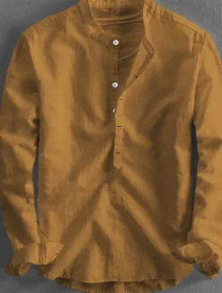 Clearance OUKU Men's Linen Shirt Summer Shirt Casual Shirt Henley Shirt Plain Casual Daily Black White Yellow Pink Long Sleeve Collar Spring & Summer Clothing Apparel