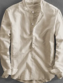 Clearance OUKU Men's Linen Shirt Summer Shirt Casual Shirt Henley Shirt Plain Casual Daily Black White Yellow Pink Long Sleeve Collar Spring & Summer Clothing Apparel