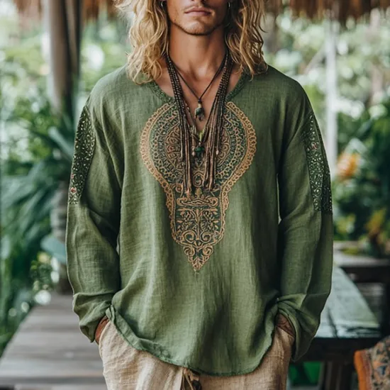 New OUKU Men's Linen Shirt Summer Shirt Vintage Shirt Ethnic Shirt Long Sleeve Shirt Boho Vacation Street Long Sleeve V Neck Summer Spring Clothing Apparel Ethnic Green