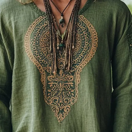 New OUKU Men's Linen Shirt Summer Shirt Vintage Shirt Ethnic Shirt Long Sleeve Shirt Boho Vacation Street Long Sleeve V Neck Summer Spring Clothing Apparel Ethnic Green
