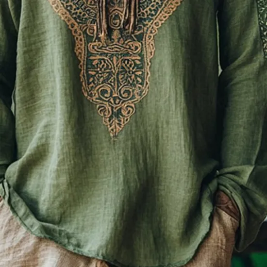 New OUKU Men's Linen Shirt Summer Shirt Vintage Shirt Ethnic Shirt Long Sleeve Shirt Boho Vacation Street Long Sleeve V Neck Summer Spring Clothing Apparel Ethnic Green