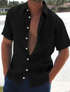 New OUKU Men's Linen Shirt Summer Shirt Beach Shirt Solid Color Hawaiian Holiday Black White Pink Blue Short Sleeve Turndown Summer Clothing Apparel Button-Down