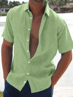 New OUKU Men's Linen Shirt Summer Shirt Beach Shirt Solid Color Hawaiian Holiday Black White Pink Blue Short Sleeve Turndown Summer Clothing Apparel Button-Down
