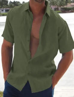 New OUKU Men's Linen Shirt Summer Shirt Beach Shirt Solid Color Hawaiian Holiday Black White Pink Blue Short Sleeve Turndown Summer Clothing Apparel Button-Down