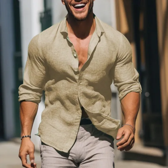 Hot OUKU Men's Linen Shirt Summer Shirt Beach Wear Casual Shirt Button Up Shirt Plain Vacation Casual Black White Pink Green Long Sleeve Lapel Spring & Summer Clothing Apparel