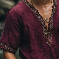 Discount OUKU Men's Linen Shirt Summer Shirt Vintage Shirt Short Sleeve Shirt Ethnic Shirt Patchwork Vacation Street Short Sleeve V Neck Summer Clothing Apparel Ethnic Fuchsia