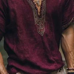 Discount OUKU Men's Linen Shirt Summer Shirt Vintage Shirt Short Sleeve Shirt Ethnic Shirt Patchwork Vacation Street Short Sleeve V Neck Summer Clothing Apparel Ethnic Fuchsia