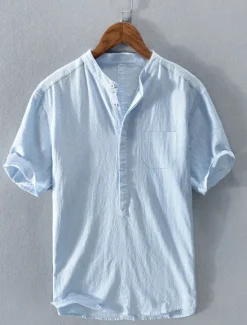 Outlet OUKU Men's Linen Shirt Summer Shirt Beach Shirt Plain Casual Daily White Royal Blue Blue Gray Short Sleeve Stand Collar Summer Clothing Apparel