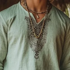 Outlet OUKU Men's Linen Shirt Summer Shirt Vintage Shirt Ethnic Shirt Long Sleeve Shirt Boho Vacation Street Long Sleeve V Neck Summer Spring Clothing Apparel Ethnic Green