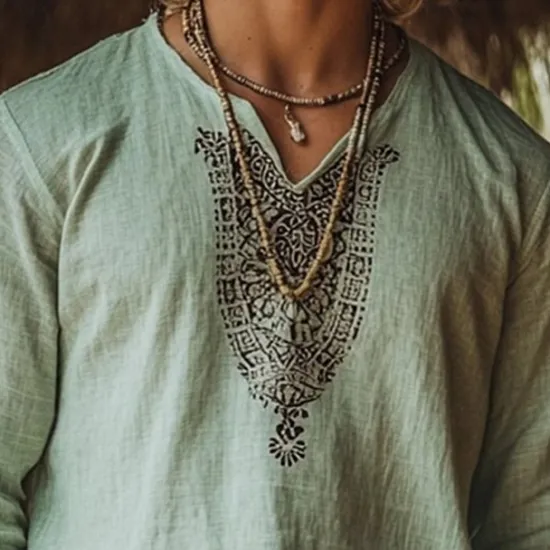 Outlet OUKU Men's Linen Shirt Summer Shirt Vintage Shirt Ethnic Shirt Long Sleeve Shirt Boho Vacation Street Long Sleeve V Neck Summer Spring Clothing Apparel Ethnic Green