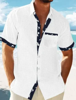Outlet OUKU Men's Linen Shirt Summer Shirt Beach Wear Button Up Shirt Striped Vacation Curise White Blue Green Khaki Short Sleeve Lapel Spring & Summer Clothing Apparel Basic