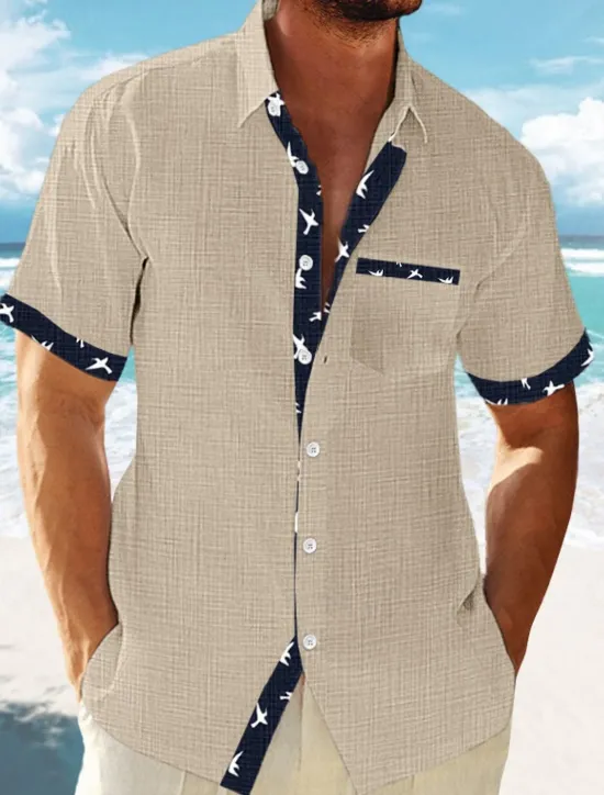 Outlet OUKU Men's Linen Shirt Summer Shirt Beach Wear Button Up Shirt Striped Vacation Curise White Blue Green Khaki Short Sleeve Lapel Spring & Summer Clothing Apparel Basic