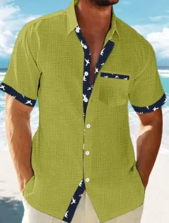 Outlet OUKU Men's Linen Shirt Summer Shirt Beach Wear Button Up Shirt Striped Vacation Curise White Blue Green Khaki Short Sleeve Lapel Spring & Summer Clothing Apparel Basic