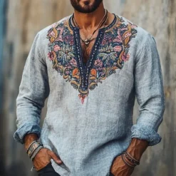 OUKU Men's Linen Shirt Summer Shirt Vintage Shirt Ethnic Shirt Long Sleeve Shirt Embroidered Vacation Street Long Sleeve V Neck Summer Spring Clothing Apparel Medieval Knight Blue