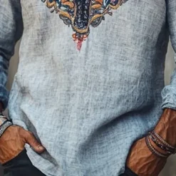 OUKU Men's Linen Shirt Summer Shirt Vintage Shirt Ethnic Shirt Long Sleeve Shirt Embroidered Vacation Street Long Sleeve V Neck Summer Spring Clothing Apparel Medieval Knight Blue