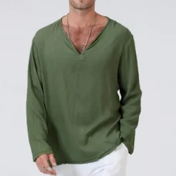 New OUKU Men's Linen Shirt T Shirt Tee Long Sleeve Shirt Long Sleeve V Neck Summer Spring & Fall Striped Vintage Fashion V Neck Work Office / Career Casual Black White Green Top Tee for Men