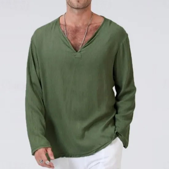 New OUKU Men's Linen Shirt T Shirt Tee Long Sleeve Shirt Long Sleeve V Neck Summer Spring & Fall Striped Vintage Fashion V Neck Work Office / Career Casual Black White Green Top Tee for Men
