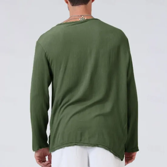 New OUKU Men's Linen Shirt T Shirt Tee Long Sleeve Shirt Long Sleeve V Neck Summer Spring & Fall Striped Vintage Fashion V Neck Work Office / Career Casual Black White Green Top Tee for Men