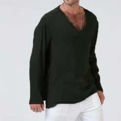 New OUKU Men's Linen Shirt T Shirt Tee Long Sleeve Shirt Long Sleeve V Neck Summer Spring & Fall Striped Vintage Fashion V Neck Work Office / Career Casual Black White Green Top Tee for Men
