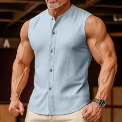 Outlet OUKU Men's Linen Shirt Tank Top Vest Top Undershirt Sleeveless Round Neck Mandarin Collar Summer Spring & Summer Plain Fashion Designer Basic Buttons Button Front Vacation Street Casual Black Pink Wine