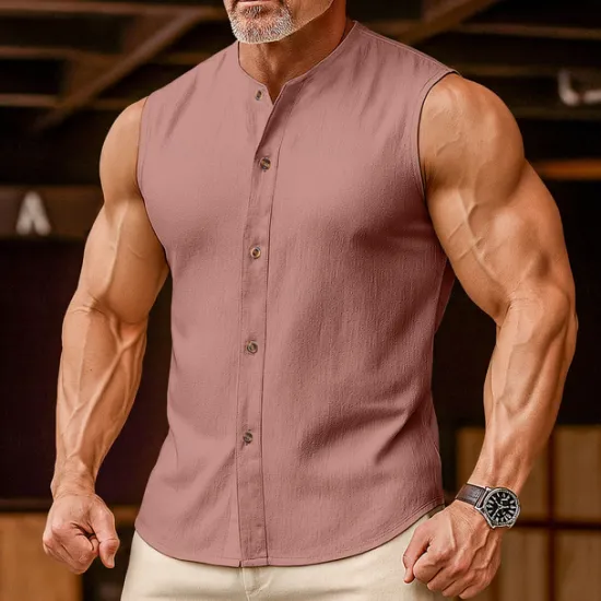 Outlet OUKU Men's Linen Shirt Tank Top Vest Top Undershirt Sleeveless Round Neck Mandarin Collar Summer Spring & Summer Plain Fashion Designer Basic Buttons Button Front Vacation Street Casual Black Pink Wine