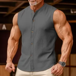 Outlet OUKU Men's Linen Shirt Tank Top Vest Top Undershirt Sleeveless Round Neck Mandarin Collar Summer Spring & Summer Plain Fashion Designer Basic Buttons Button Front Vacation Street Casual Black Pink Wine