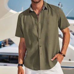 Discount OUKU Men's Linen Shirt Turndown Summer Short Sleeve Black White Blue Plain Casual Daily Clothing Apparel Front Pocket