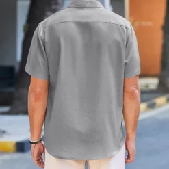 Discount OUKU Men's Linen Shirt Turndown Summer Short Sleeve Black White Blue Plain Casual Daily Clothing Apparel Front Pocket