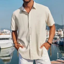 Discount OUKU Men's Linen Shirt Turndown Summer Short Sleeve Black White Blue Plain Casual Daily Clothing Apparel Front Pocket