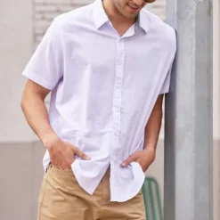 Discount OUKU Men's Linen Shirt Turndown Summer Short Sleeve Black White Blue Plain Casual Daily Clothing Apparel Front Pocket