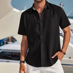 Discount OUKU Men's Linen Shirt Turndown Summer Short Sleeve Black White Blue Plain Casual Daily Clothing Apparel Front Pocket