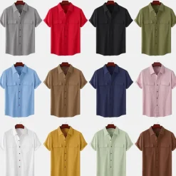 Clearance OUKU Men's Linen Shirt Turndown Summer Short Sleeve Light Pink White Light Green Plain Casual Holiday Clothing Apparel