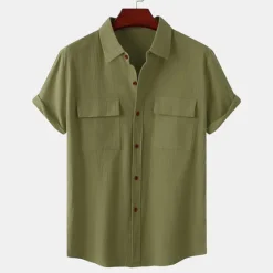 Clearance OUKU Men's Linen Shirt Turndown Summer Short Sleeve Light Pink White Light Green Plain Casual Holiday Clothing Apparel