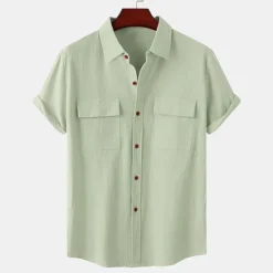 Clearance OUKU Men's Linen Shirt Turndown Summer Short Sleeve Light Pink White Light Green Plain Casual Holiday Clothing Apparel