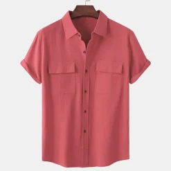 Clearance OUKU Men's Linen Shirt Turndown Summer Short Sleeve Light Pink White Light Green Plain Casual Holiday Clothing Apparel